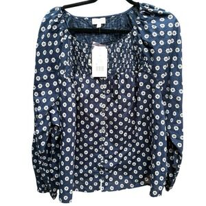 NWT Wonderly Navy Blue Floral Peasant Blouse 2X Boho Cottagecore Cotton Top